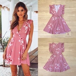 Mauve Pink Floral Ruffle Sleeve Wrap Dress